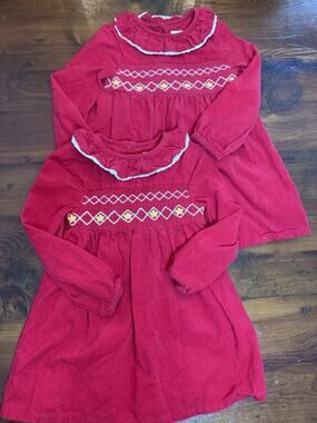 Smocked Long Sleeve Red Corduroy Holiday Dresses Matching Sister Dresses 3T/4T